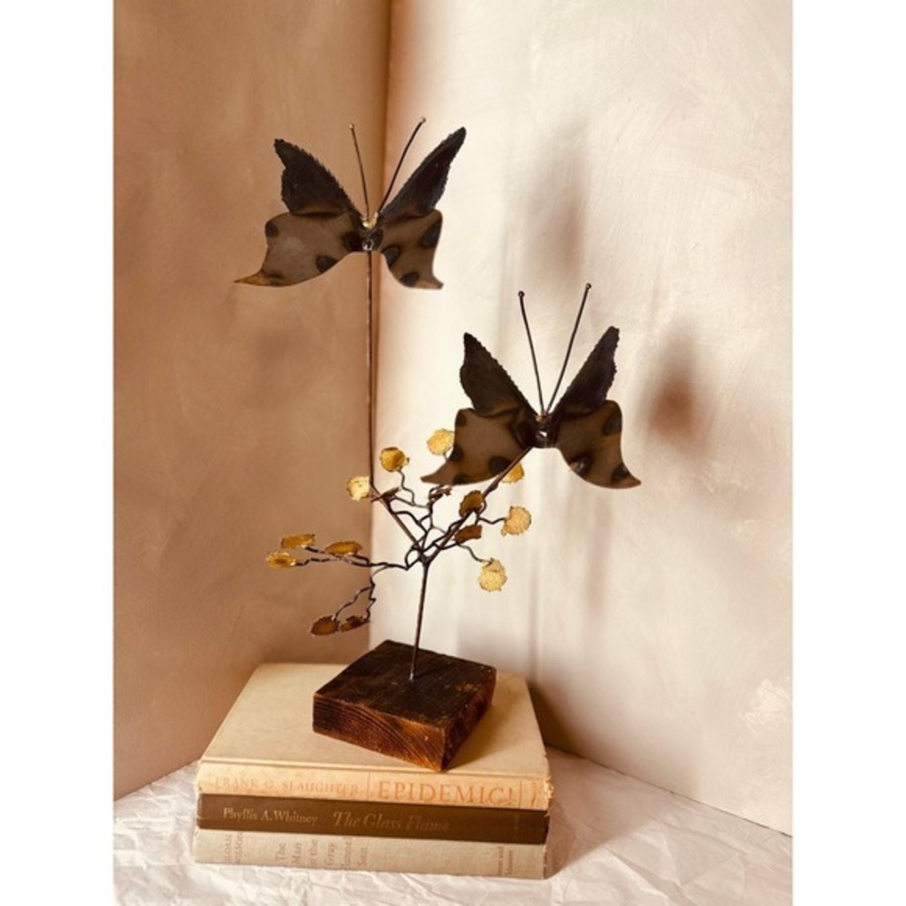 Vtg MCM‎ Brutalist Metal Butterfly Sculpture Wood Base 9x16x7